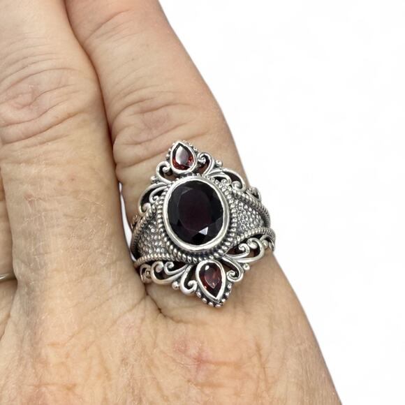 Natural Rhodolite Red Garnet Ring Hammered 925 Sterling Silver Size 7 Handmade - Picture 6 of 8